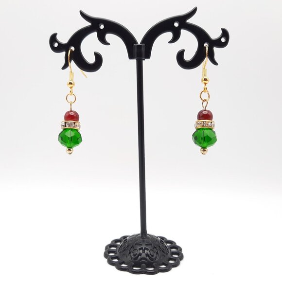 Christmas Holiday Red Green White on Gold Drop Earrings Handmade Jewelry - Picture 2 of 7